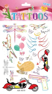Creative temporary tattoo sticker sheet featuring cute cartoon designs like airplanes.