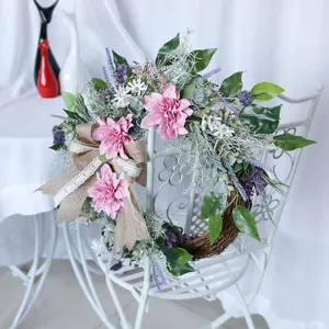 Artificial dahlia floral wreath with burlap bow, perfect for spring home door and wall decoration.