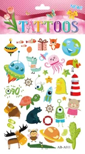 Cute cartoon temporary tattoo stickers sheet for kids, waterproof body art fun designs.