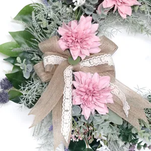 Artificial dahlia wreath with burlap bow, perfect for spring home door and wall decoration.