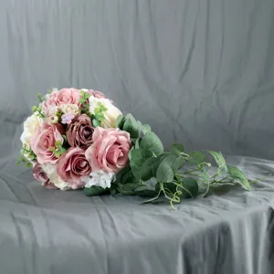 Artificial wedding bouquet cascade bridal silk rose flowers with green eucalyptus leaves.