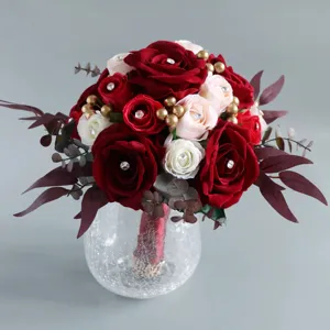 Artificial wedding bridal bouquet with red velvet roses rhinestones for home decor and photo props.