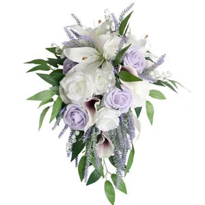 European style wedding bridal cascade hand bouquet artificial rose lily flower photo props