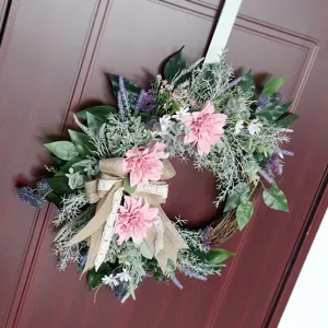 Artificial dahlia flower wreath with pink blooms and burlap bow for door home wall decor