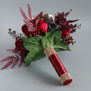 Bridal wedding bouquet artificial red roses silk flowers rhinestone handle decor