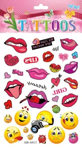 Detailed view of colorful lips temporary tattoo sheet sticker with cute emojis and designs.
