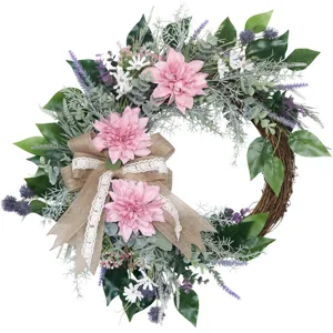 Artificial dahlia flower wreath with burlap bow spring home door wall hanging decor