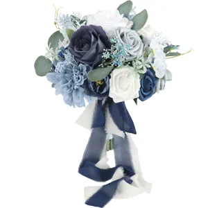 Künstlicher Hochzeitsstrauß Brautjungfer Handblume blau weiße Seidenrosen Dekoration