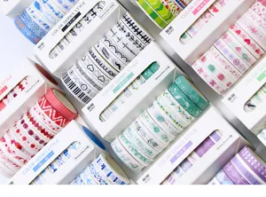 Close up of decorative washi tape set rolls showing colorful patterns and grid designs.