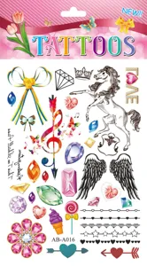 Water transfer tattoo sticker sheet featuring unicorn wings gems and floral art designs.
