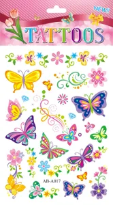 Colorful butterfly flower temporary tattoo sticker sheet detail, waterproof body art design for kids.
