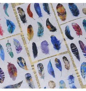 Close-up detail of vintage feather washi sticker sheet, colorful retro design for journaling.