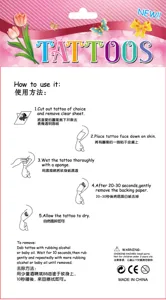 Water transfer temporary tattoo sticker back card detail showing step-by-step usage guide.
