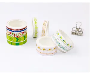 Detail view of decorative washi tape rolls with vibrant patterns for DIY journal crafts.