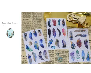 Colorful feather washi stickers for journaling and craft decoration, 6 sheets set.