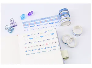 Blue and white washi tape detail showing cute patterns, perfect for daily journal and craft projects.
