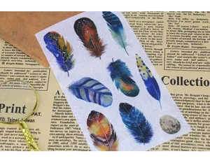 Dreamy feather washi sticker set with colorful vintage feather details for journal.