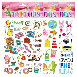 Cute cartoon temporary tattoo stickers for kids, waterproof body art transfer sticker sheet.