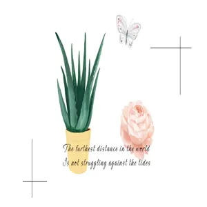 Original watercolor botanical sticker featuring aloe, rose, butterfly, and aesthetic English quote.