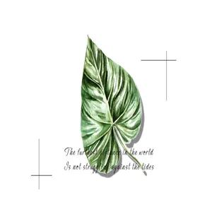 Vista dettagliata dell'adesivo washi con foglia verde fresca e citazione per diario.