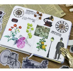 Vintage washi sticker pack for DIY journal scrapbooking, retro decorative stationery arts.