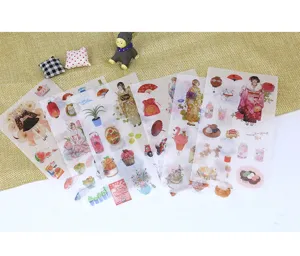 Detailed view of Japanese style Tokyo girl and food washi planner stickers for DIY daily journaling.