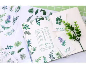 Fogli di adesivi Washi botanici freschi, foglie verdi e cancelleria floreale.