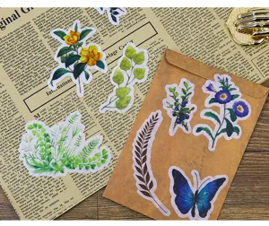 Vintage botanical washi sticker pack, retro plant and butterfly DIY decorative stickers.