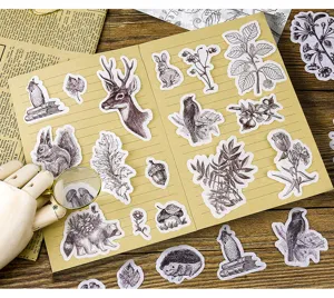 Set di adesivi washi vintage con illustrazioni botaniche e di animali per il diario DIY.