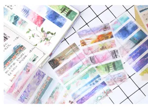 Vintage Chinese style washi tape stickers featuring ancient landscape and floral decorative art.