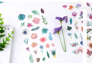 Watercolor plant washi sticker detail showing colorful botanical and cute floral pattern designs.