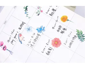 Close-up detail shot of colorful watercolor floral and bird washi paper stickers on a daily planner.