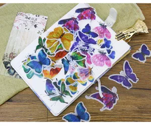 Detailed view of colorful butterfly washi stickers on diary for DIY journaling and crafts.