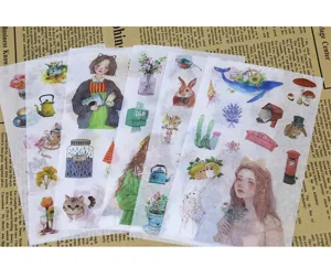 Set adesivi washi in stile nordico, ragazze carine, piante e animali diario fai da te artigianato 6pz