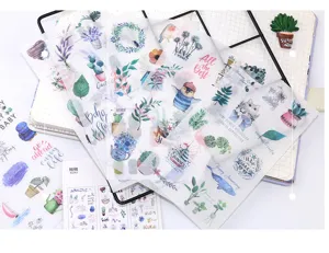 Dettaglio adesivi Washi nordici freschi con piante tropicali e simpatici disegni di animali.