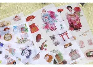 Japanese style Tokyo girl washi sticker set, food travel DIY planner decor, creative 6 sheets