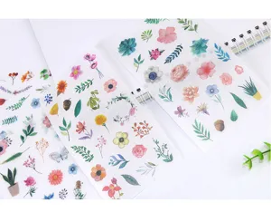 Watercolor floral washi sticker detail, featuring vibrant botanical plant designs for craft journals.