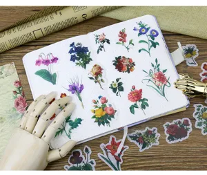 Vintage floral washi sticker pack for journal, scrapbook, and DIY diary decoration.