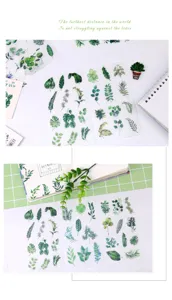 Dettaglio adesivo washi decorativo pianta foglia verde, ideale per diario e scrapbooking.