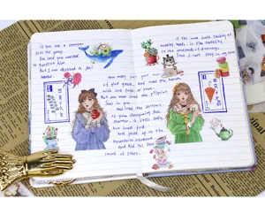 Set di adesivi washi decorativi in stile nordico con ragazze della foresta e piante.