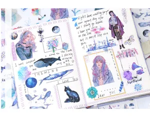Vista dettagliata degli adesivi washi originali con ragazze stellate e design per diario.