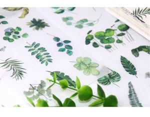 Set di adesivi washi con foglie verdi botaniche, adesivi trasparenti per diario fai da te.