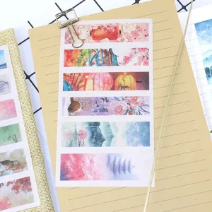 Washi paper journal stickers set with ancient landscape designs, 6 sheets flat lay main view.