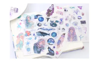 Set di adesivi washi originali, ragazza stellata e articoli per diario a acquerello, 6 pz