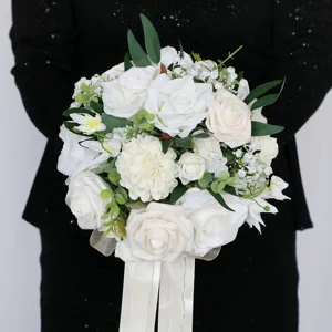 Waldstil Künstliche Seidenblume Brautstrauß Elegante Weiße Champagner Rose Hochzeitssträuße Für Braut Brautjungfer Fotorequisiten Haus Dekoration Kirche Party Strauß