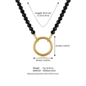 Collier de perles noires en acier inoxydable avec pendentif anneau dore 45 cm