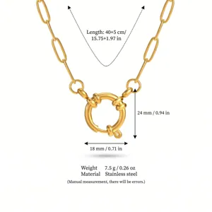 Détail de collier en chaîne trombone en acier inoxydable avec dimensions et longueur.