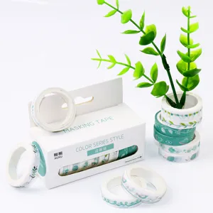 Washi tape set for journaling and DIY crafts, featuring fresh green botanical patterns and 10 rolls.