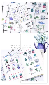Set di adesivi washi freschi nordici per diario, piante e animali decorativi.