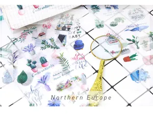 Set di adesivi washi in stile nordico con simpatici motivi botanici e animali ad acquerello.
